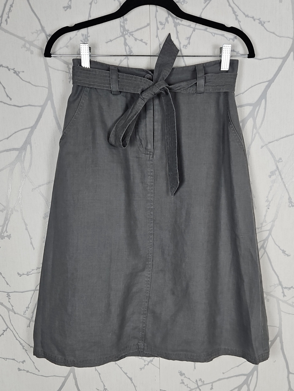 Laura Ashley Gray 100% Linen Waist Tie A-Line Midi Skirt